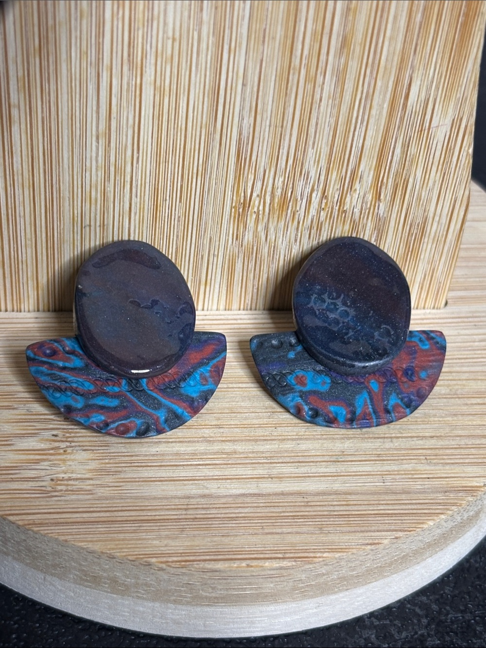 Handcrafted Blue & Red Marbled Polymer Clay Pieced Stud Earrings